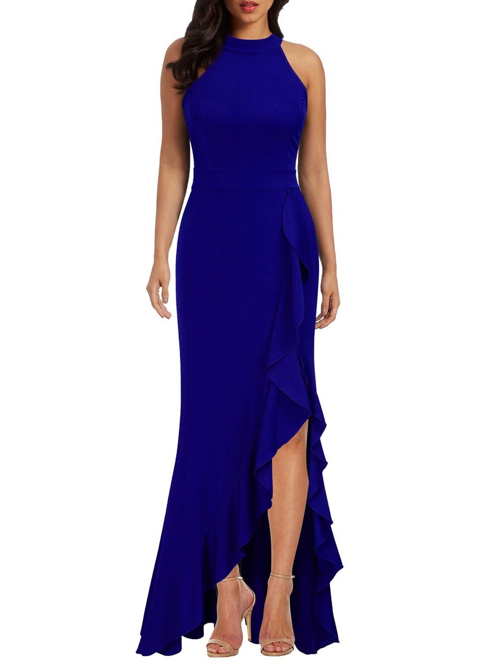 Royal Blue Halter Neck Evening Dress Large Ruffle Asymmetrical Hem Large